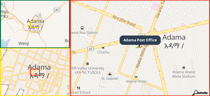 Map showing the address of Adama Post Office in three different zoom levels.