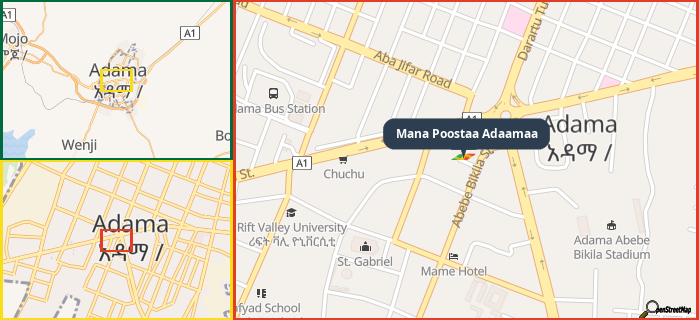Map showing the address of Mana Poostaa Adaamaa in three different zoom levels.