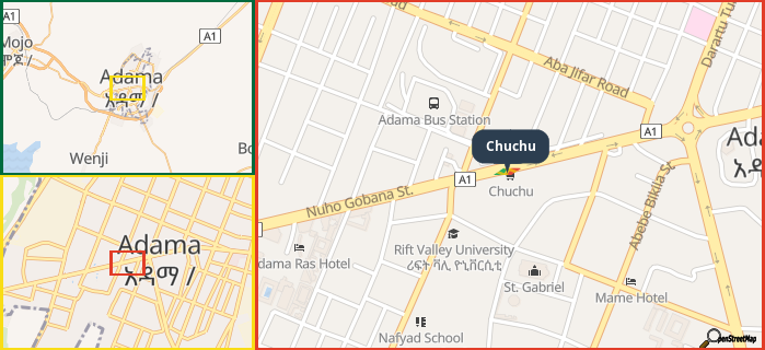 Map showing the address of Chuchu in three different zoom levels.