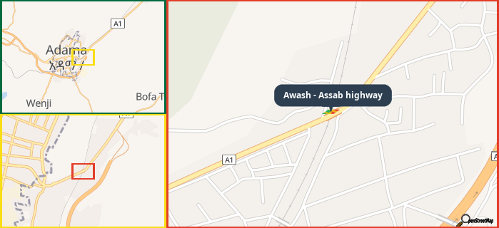 Map showing the address of Awash - Assab highway in three different zoom levels.