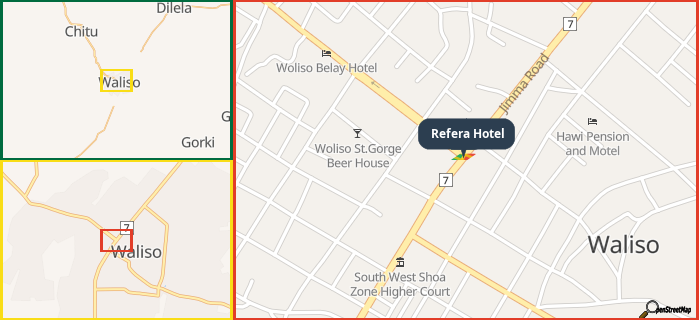 Map showing the address of Refera Hotel in three different zoom levels.