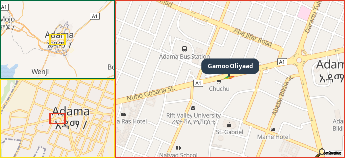 Map showing the address of Gamoo Oliyaad in three different zoom levels.