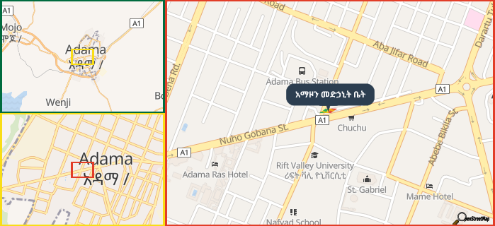 Map showing the address of አማዞን መድኃኒት ቤት in three different zoom levels.