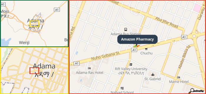 Map showing the address of Amazon Pharmacy in three different zoom levels.