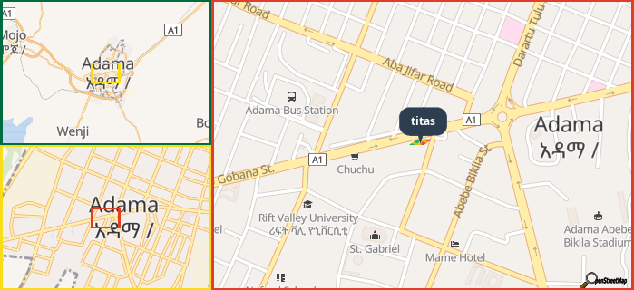 Map showing the address of titas in three different zoom levels.