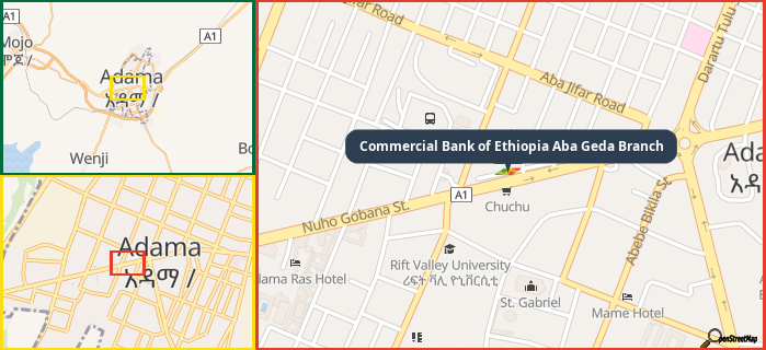 Map showing the address of Commercial Bank of Ethiopia Aba Geda Branch in three different zoom levels.