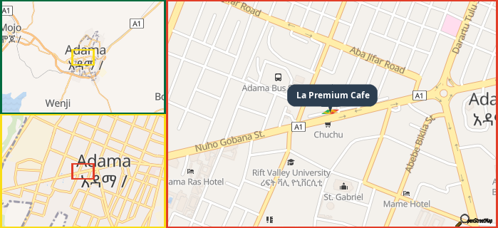 Map showing the address of La Premium Cafe in three different zoom levels.