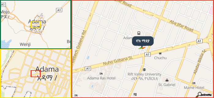 Map showing the address of ኖክ ማደያ in three different zoom levels.