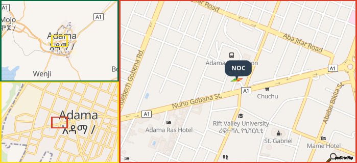 Map showing the address of NOC in three different zoom levels.