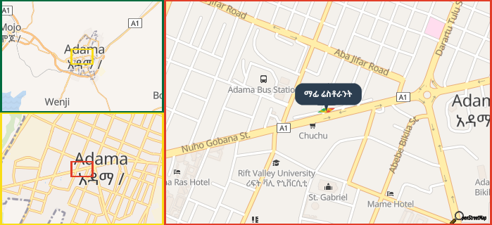 Map showing the address of ማፊ ሬስቶራንት in three different zoom levels.