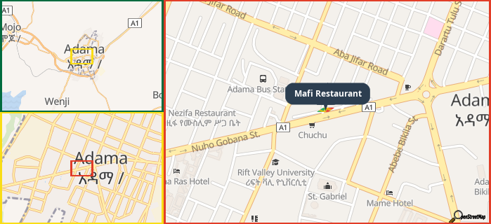 Map showing the address of Mafi Restaurant in three different zoom levels.