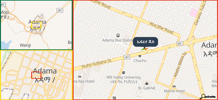 Map showing the address of ኤፍራታ ጁስ in three different zoom levels.