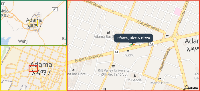 Map showing the address of Efrata Juice & Pizza in three different zoom levels.