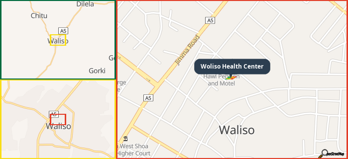 Map showing the address of Woliso Health Center in three different zoom levels.
