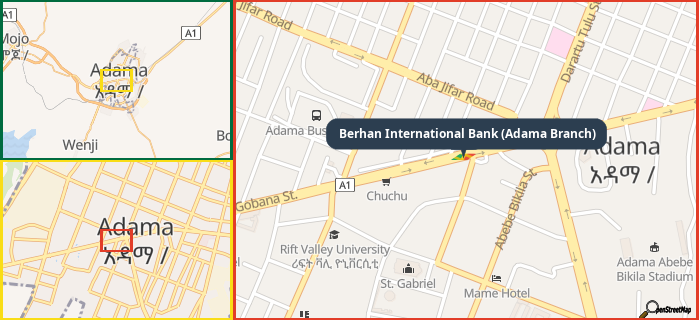 Map showing the address of Berhan International Bank (Adama Branch) in three different zoom levels.