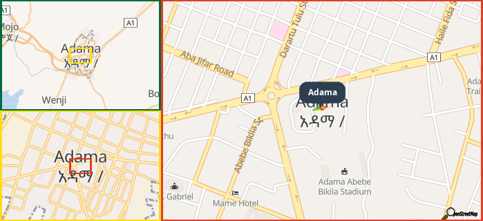 Map showing the address of Adama in three different zoom levels.
