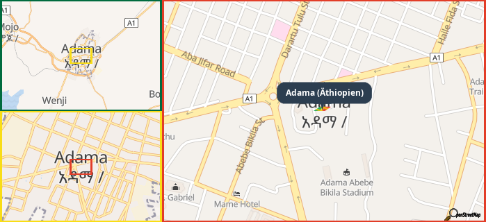 Map showing the address of Adama (Äthiopien) in three different zoom levels.