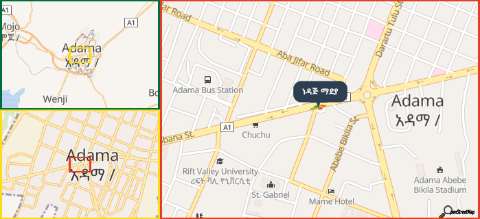 Map showing the address of ነዳጅ ማደያ in three different zoom levels.