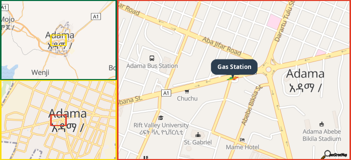 Map showing the address of Gas Station in three different zoom levels.