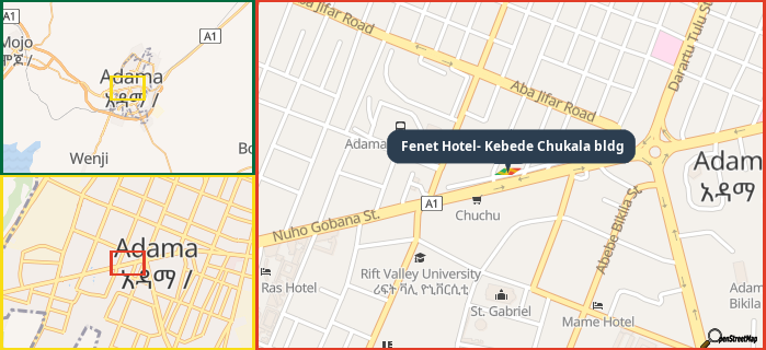 Map showing the address of Fenet Hotel- Kebede Chukala bldg in three different zoom levels.