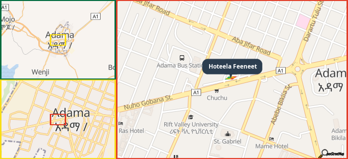 Map showing the address of Hoteela Feeneet in three different zoom levels.