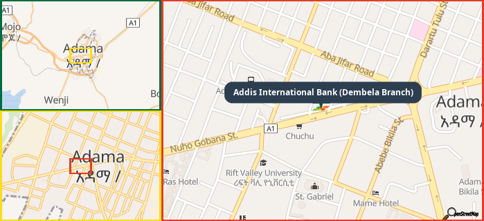 Map showing the address of Addis International Bank (Dembela Branch) in three different zoom levels.