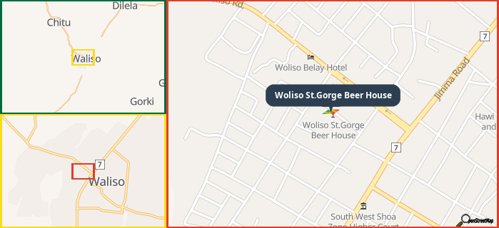 Map showing the address of Woliso St.Gorge Beer House in three different zoom levels.