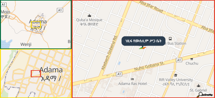 Map showing the address of ነዚፋ የሙስሊም ሥጋ ቤት in three different zoom levels.