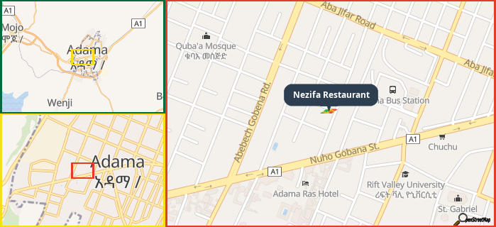 Map showing the address of Nezifa Restaurant in three different zoom levels.