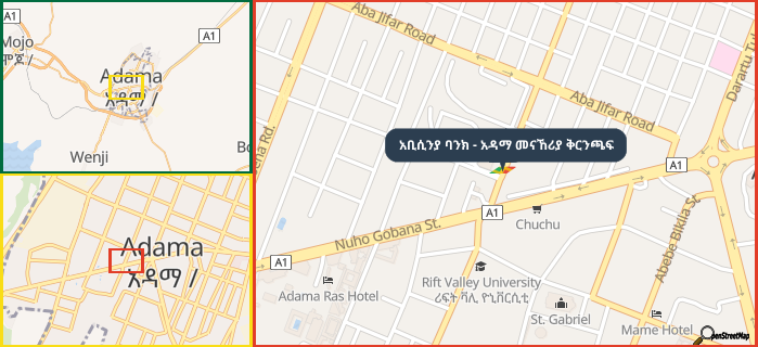 Map showing the address of አቢሲንያ ባንክ - አዳማ መናኸሪያ ቅርንጫፍ in three different zoom levels.