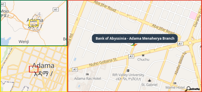 Map showing the address of Bank of Abyssinia - Adama Menaherya Branch in three different zoom levels.