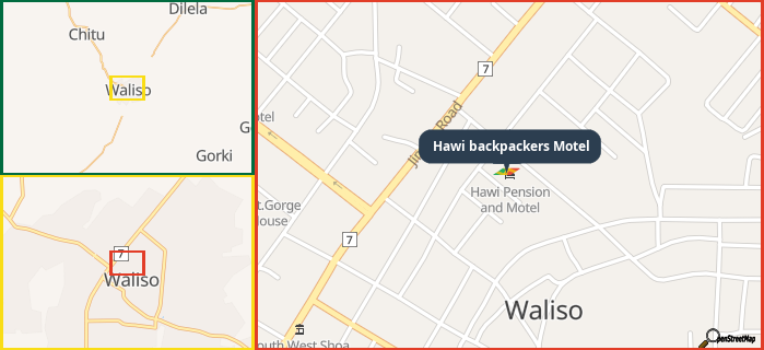 Map showing the address of Hawi backpackers Motel in three different zoom levels.