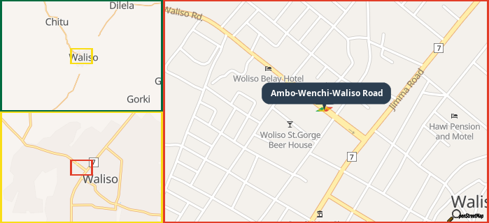 Map showing the address of Ambo-Wenchi-Waliso Road in three different zoom levels.