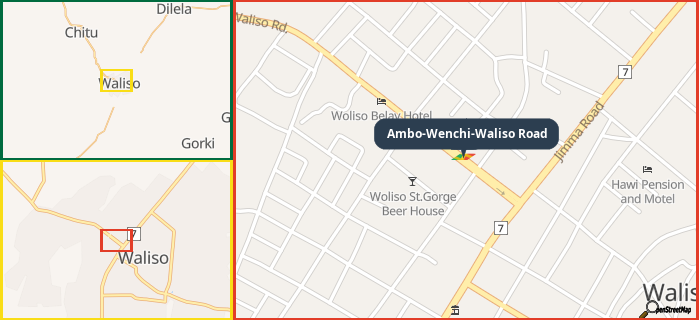 Map showing the address of Ambo-Wenchi-Waliso Road in three different zoom levels.