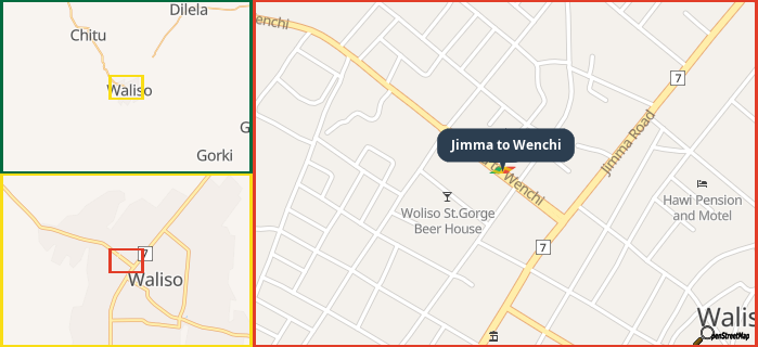 Map showing the address of Jimma to Wenchi in three different zoom levels.