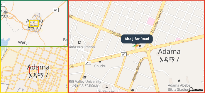 Map showing the address of Aba Jifar Road in three different zoom levels.