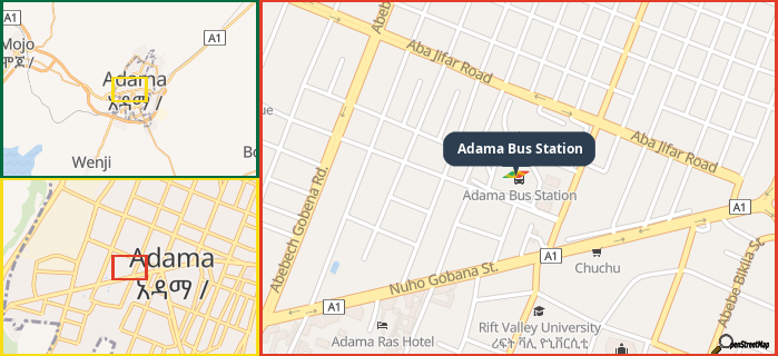 Map showing the address of Adama Bus Station in three different zoom levels.