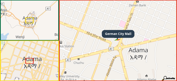 Map showing the address of German City Mall in three different zoom levels.