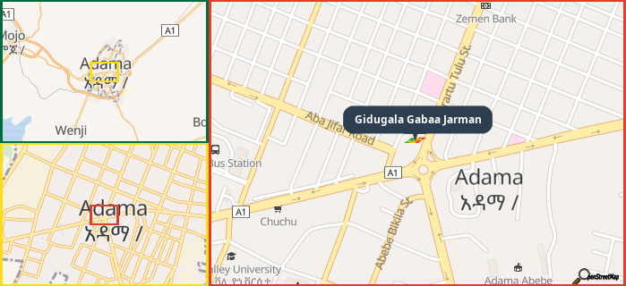 Map showing the address of Gidugala Gabaa Jarman in three different zoom levels.