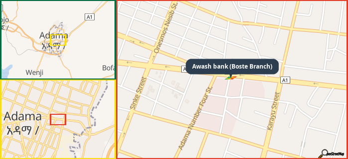 Map showing the address of Awash bank (Boste Branch) in three different zoom levels.