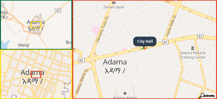 Map showing the address of City Hall in three different zoom levels.