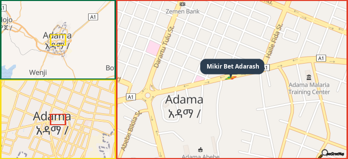 Map showing the address of Mikir Bet Adarash in three different zoom levels.