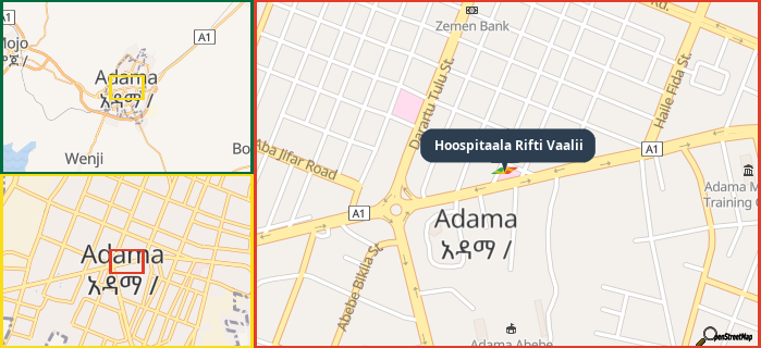 Map showing the address of Hoospitaala Rifti Vaalii in three different zoom levels.