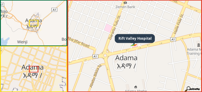 Map showing the address of Rift Valley Hospital in three different zoom levels.