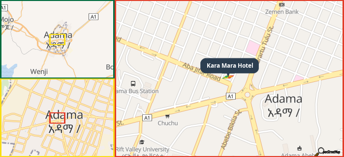 Map showing the address of Kara Mara Hotel in three different zoom levels.