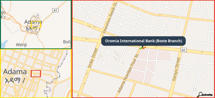 Map showing the address of Oromia International Bank (Boste Branch) in three different zoom levels.