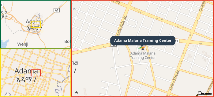 Map showing the address of Adama Malaria Training Center in three different zoom levels.