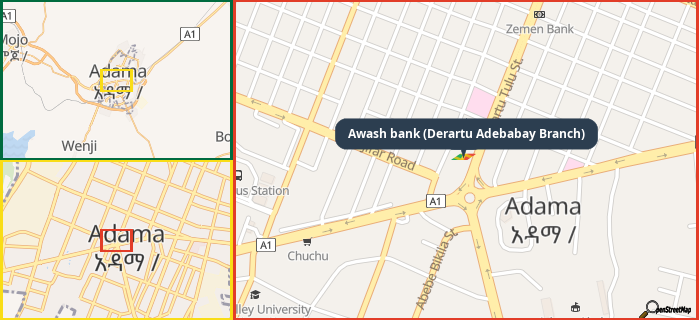 Map showing the address of Awash bank (Derartu Adebabay Branch) in three different zoom levels.