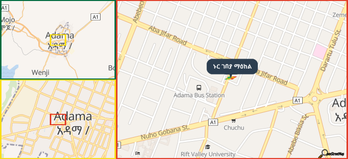 Map showing the address of ኑር ገበያ ማዕከል in three different zoom levels.