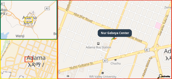 Map showing the address of Nur Gebeya Center in three different zoom levels.